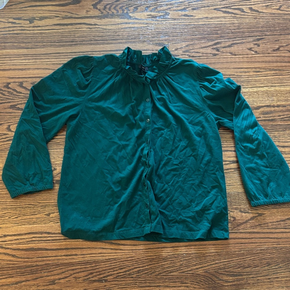 J.Crew Ruffleneck Button-Up Top in Dark Spruce, Size Medium 100% Cotton